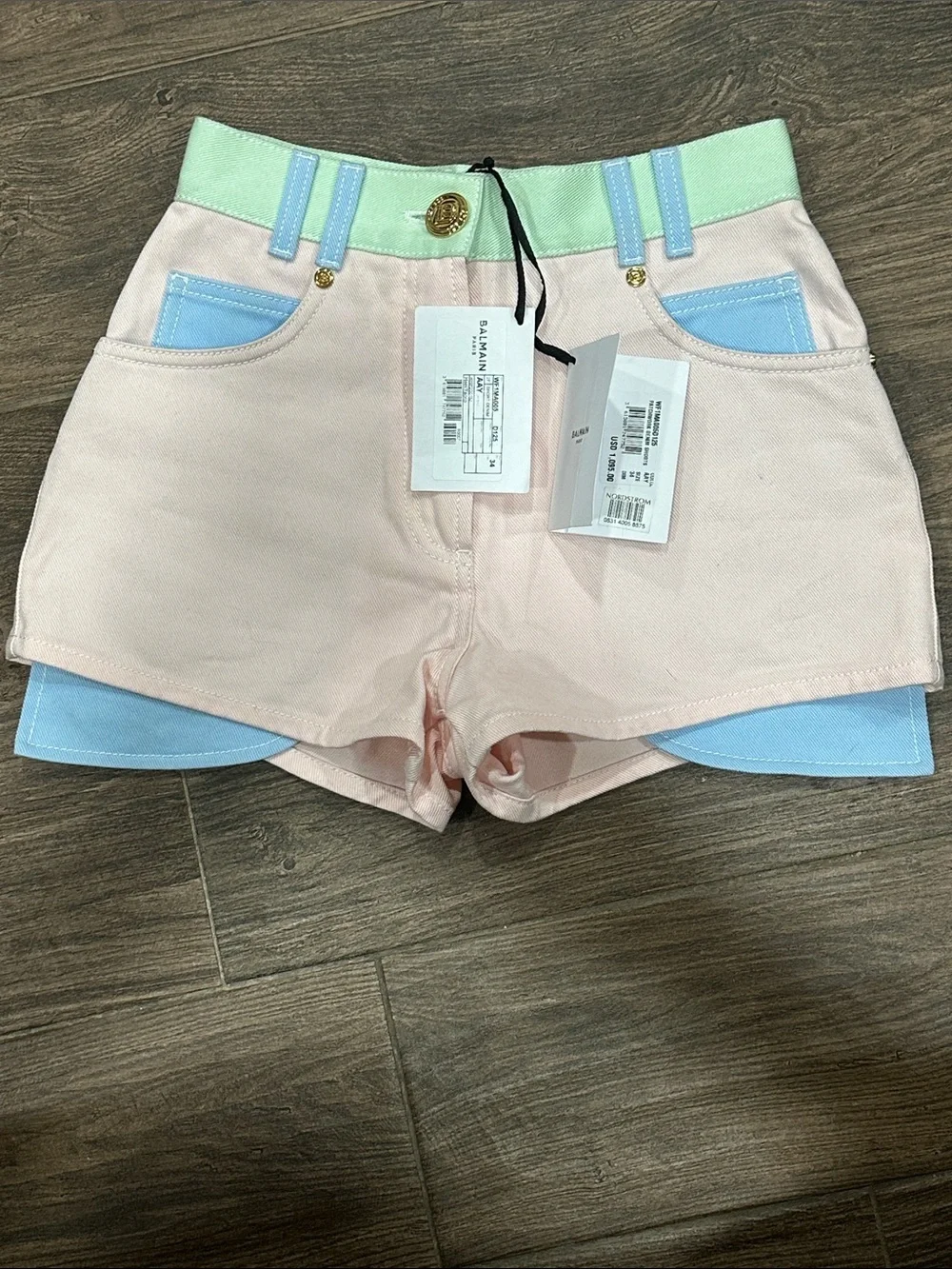 Balmain Pastel Colorblock High-Rise Jean Shorts - Pink, Mint & Light Blue